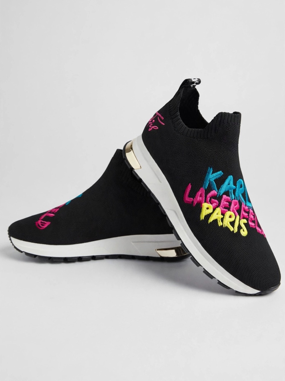 Karl Lagerfeld Black Knit Slip-On Sneakers with Neon Embroidery